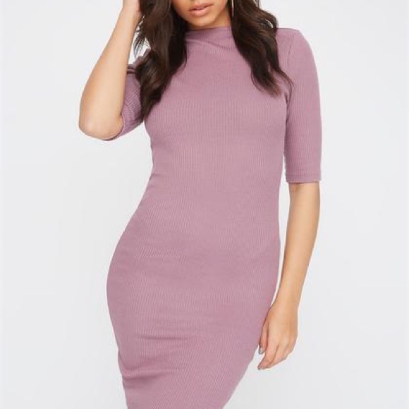 Ribbed Bodycon Turtleneck Fitted Dress w Open Back - Picture 6 of 6